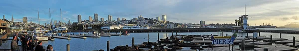 São Francisco, Califórnia: horizonte panorâmico ao pôr-do-sol e vista para o cais 39, desenvolvido pelo empresário Warren Simmons e inaugurado em 4 de outubro de 1978 no Fisherman 's Wharf, famosa atração turística da cidade — Fotografia de Stock