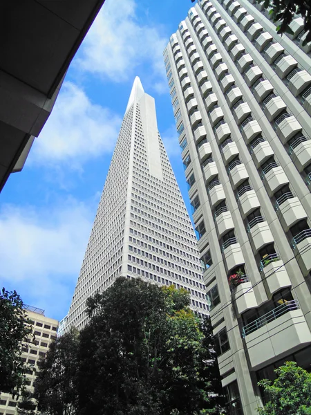 San Francisco, Kalifornia: képe alulról a Transamerica Piramis, a 48-történet futurista épület és a második legmagasabb felhőkarcoló a város — Stock Fotó