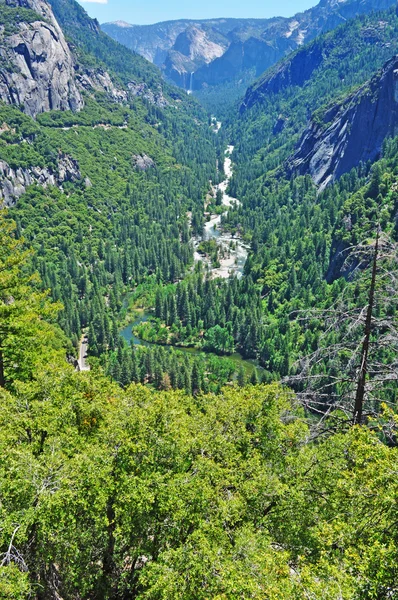 Califórnia, EUA: vista aérea das sequoias gigantes, do vale e do rio no Parque Nacional de Yosemite, um parque nacional americano famoso por suas espetaculares falésias de granito, cachoeiras e diversidade biológica — Fotografia de Stock