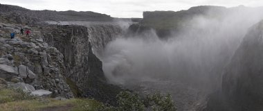 Iceland, Europe: aerial view of Dettifoss, the waterfall in Vatnajokull National Park, one of the most powerful waterfall in Europe and main icelandic tourist destination, famous for its alien surrounding landscape