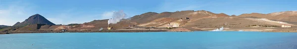 Iceland, Europe: aerial view of the Bjarnarflag blue lagoon, part of the Bjarnarflag Geothermal Station, the smallest geothermal station operated by Landsvirkjun, the Icelandic national power company, in the northern Myvatn region — Stock Photo, Image