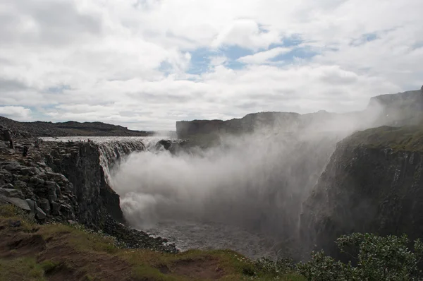 Iceland, Europe: aerial view of Dettifoss, the waterfall in Vatnajokull National Park, one of the most powerful waterfall in Europe and main icelandic tourist destination, famous for its alien surrounding landscape — Φωτογραφία Αρχείου