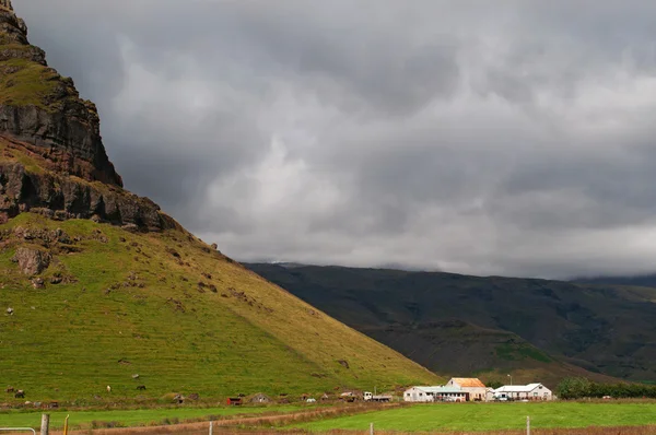 Iceland: houses under the volcano Eyjafjallajokull Stock Photo