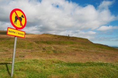 İzlanda, Avrupa: Skoga Nehri vadisinde köpekler için bir yasak işareti ile korunan alan, ünlü Skogafoss şelale kökenleri eski kıyı şeridinin kayalıklarında İzlanda'nın güneyinde nehir