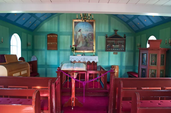 Islandia, Europa: el interior de Thingvallakirkja, la Iglesia Thingvellir (1859) consagrada en el siglo XI en el parque nacional Thingvellir, sede del Althing (el Parlamento nacional desde 930 dC hasta 1798 —  Fotos de Stock