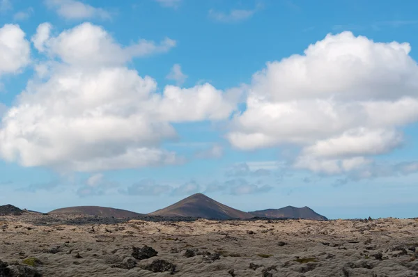 Islande, Europe : vue aérienne du paysage désertique à couper le souffle avec des champs de lave dans la péninsule de Reykjanes, une région du sud-ouest de l'Islande avec de grands champs de lave anciens de roches noires recouvertes d'un épais tapis vert de mousse — Photo
