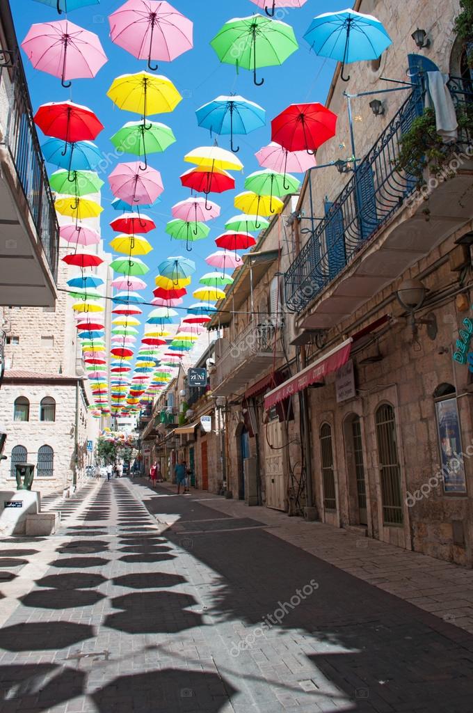 Jerusalem colorful umbrellas on Yoel Moshe Solomon Street Stock