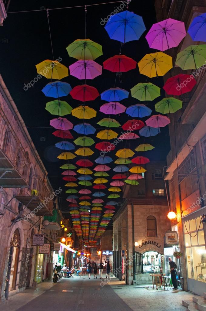Jerusalem colorful umbrellas on Yoel Moshe Solomon Street at night