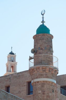 Jaffa, Old City, İsrail, Ortadoğu: tarihi kentin manzarası ile minare Al Bahr Camii, Jaffa,'eski kaybolmamış Camisi ve çan kulesi, Aziz Peter Kilisesi, 1654 inşa edilmiş bir Fransisken kilisesi 