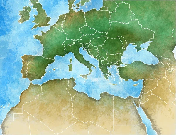 Handgetekende kaart van het Middellandse-Zeegebied, Europa, Afrika en Midden-Oosten — Stockfoto