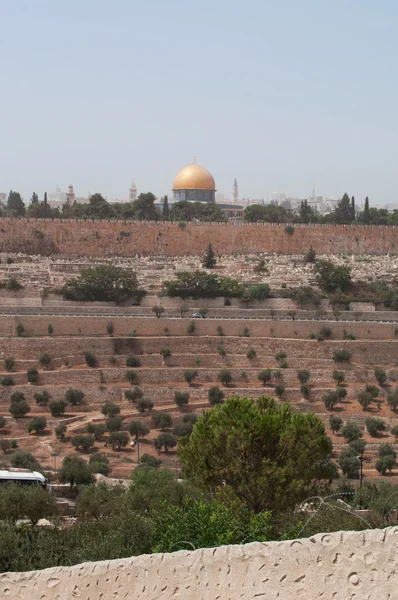 耶路撒冷: 从橄榄山上看到的沙尘暴中, 旧城的天际线, 可以看到岩石的圆顶 — 图库照片