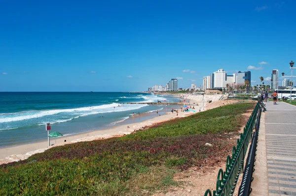 Tel Aviv, Israel, Middle East: the seafront and skyline of Tel Aviv, city founded in 1909 by the Yishuv (Jewish residents) as a modern housing estate on the outskirts of the ancient port city of Jaffa, seen from the promenade of Jaffa — Stock Photo, Image