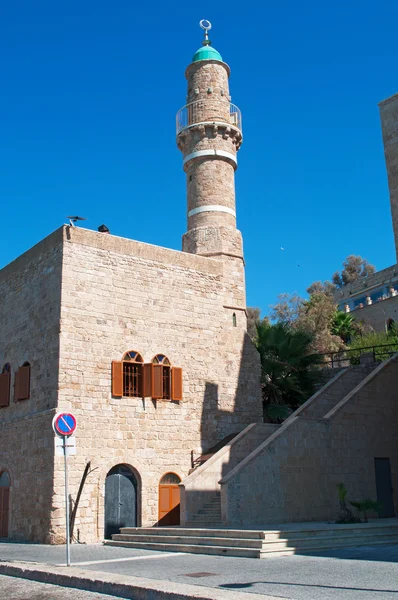 Jaffa, Israel, Mellanöstern: minaret i Al-Bahr-moskén (Masjid al-Bahr, havs moskén), den äldsta bevarade moskén i den gamla staden Jaffa, belägen på gatan Haaliya Hashniya nära hamnen — Stockfoto