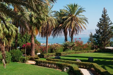 Israel, Middle East: the gardens of the Mount of Beatitudes overlooking the Sea of Galilee, holy place for christianity on a hill where Jesus is believed to have delivered the Sermon on the Mount  clipart