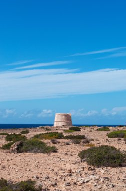Formentera, Balear Adaları, İspanya: Akdeniz, Akdeniz maki Gavina Kulesi, adanın batı kıyısında denetlemek için 1763 yılında inşa edilmiş bir Gözetleme Kulesi Manzaralı