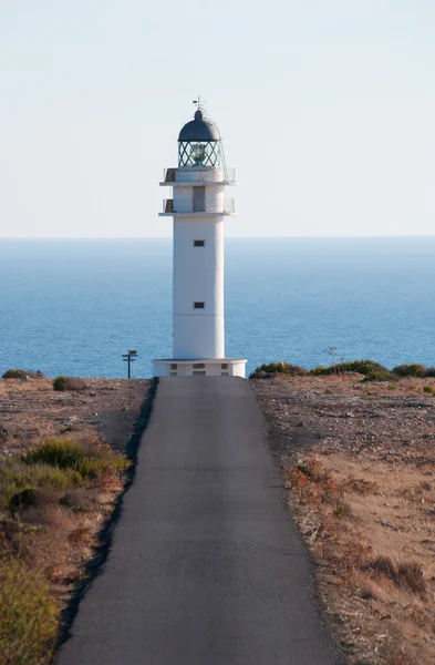 Formentera, Balearic Islands, Spain: Mediterranean Sea, Mediterranean maquis and panoramic view of the road to Es Cap de Barbaria Lighthouse, built in 1972 at the far southern tip of the island