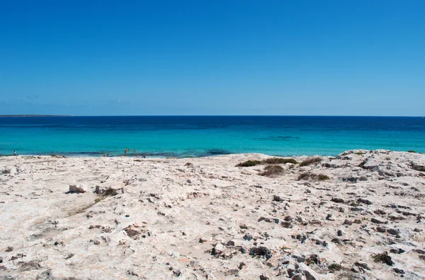 Formentera, Baleary, Hiszpania: widok z lotu ptaka zapierające dech w piersiach plaży Platja (lub Playa) de Llevant, po wschodniej stronie półwyspu Trucador, jeden z najbardziej znanych i spokojne plaże wyspy — Zdjęcie stockowe
