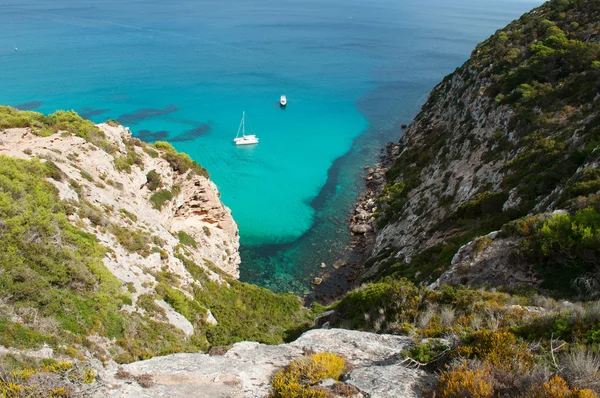 Formentera, Balearen, Spanje: weergave van de Mediterrane maquis met een catamaran en een speedboot in de Middellandse Zee — Stockfoto