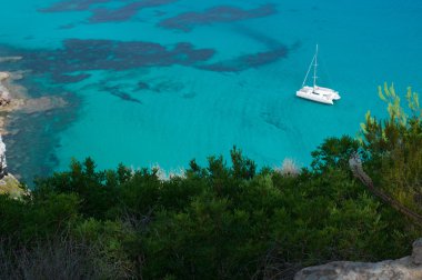 Formentera, Balear Adaları, İspanya: Akdeniz'de bir katamaran ile Akdeniz maki görünümünü 