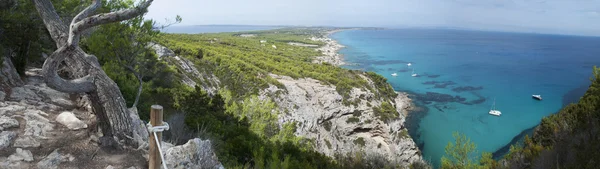 Formentera, Balearic Islands, Spain: Mediterranean Sea and maquis seen from the stone path of Camino Romano, or Cami de Sa Pujada, an ancient Roman road which lead trough a beautiful landscape from Es Calo to La Mola — Stock Photo, Image