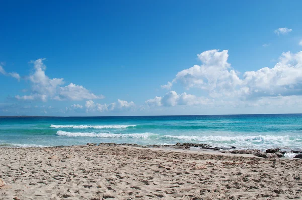 Formentera, Baleárské ostrovy, Španělsko: letecký pohled na úchvatné pláže Platja (nebo Playa) de Llevant, na východní straně poloostrova Trucador, jeden z slavných a klidné pláže ostrova — Stock fotografie