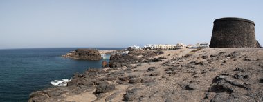 Fuerteventura, Canary Islands, Spain: aerial view of the Atlantic Ocean with view of the port of El Cotillo and the cliff with the Castillo de el Toston (Toston Tower or Castle), watchtower built for defense in the 18th century  clipart