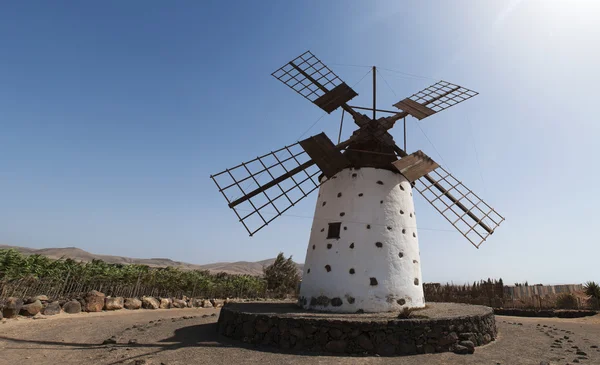 Fuerteventura, Ilhas Canárias, Espanha: paisagem deserta e campo com o famoso e tradicional moinho de vento na aldeia de El Roque, na parte noroeste da ilha — Fotografia de Stock