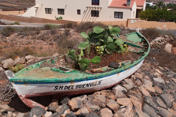 Fuerteventura, Kanarische Inseln, Spanien: ein Fischerboot, das als Kakteenpflanzer in der kanarischen Wüstenlandschaft eingesetzt wird — Stockfoto