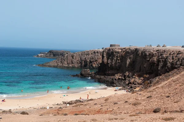 Fuerteventura, Kanarya Adaları, İspanya: Hava görünümünü Piedra Playa beach veya El Castillo beach, en ünlü plajlarından kuzeybatı kıyılarında Güney Castillo de el Toston (Toston kule ya da kale) El Cotillo Köyü — Stok fotoğraf