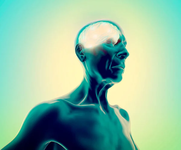 Seitenansicht Des Gehirns Eines Älteren Mannes Nervenzellen Und Synapsen Kommunikation — Stockfoto