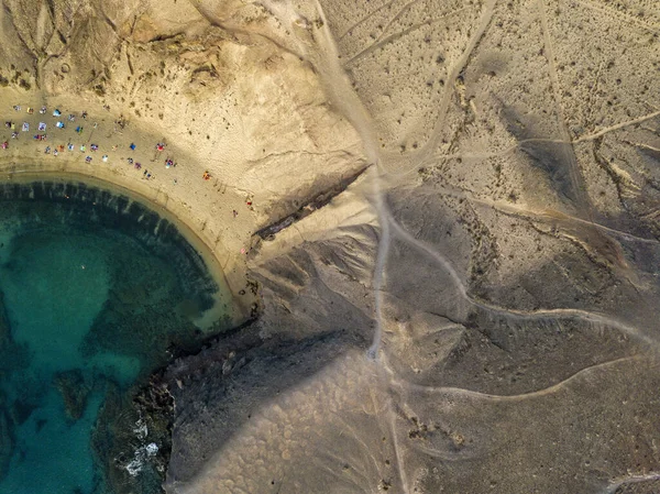 Вид Воздуха Зазубренные Берега Пляжи Лансароте Испания Канарейка Дороги Грунтовые — стоковое фото