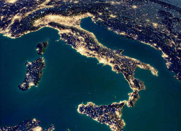 Satellietweergave Van Italië Fysieke Kaart Zuid Europa Nachtzicht Stadsverlichting Renderen — Stockfoto