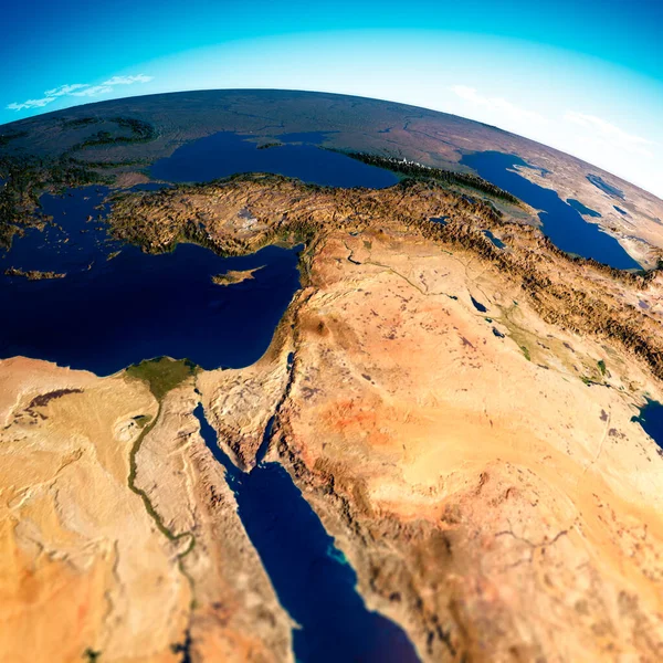 Map of the Arabian Peninsula, Middle East physical map, 3d render, reliefs and mountains. Mediterranean. Israel, Turkey, Syria, Iraq, Jordan, Egypt, Iran, Saudi Arabia. Elements of this image are furnished by Nasa — Stock Image Map Arabian Peninsula Middle East Physical Map Render Reliefs Mountains Stock Image