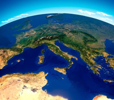 Orta Akdeniz haritası, fiziksel harita, Güney ve Orta Avrupa. 3D canlandırma, rahatlama ve dağlar. Akdeniz 'de. İtalya, Fransa, İspanya, Almanya, Yunanistan, Tunus. Göçmen çıkarmaları. Bu görüntünün elementleri Nasa tarafından döşenmiştir
