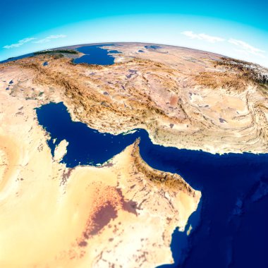 Hürmüz Boğazı. Ortadoğu haritası, Basra Körfezi ve Hint Okyanusu Hürmüz Boğazı 'nı birbirine bağlıyor. İran, Birleşik Arap Emirlikleri, Katar, Bahreyn ve Umman 'ın uydu görüntüsü, 3D