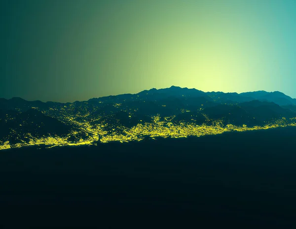 意大利利古里亚热那亚的空中景观 群山的轮廓 山脉笼罩在雾中 日出在群山中 黎明时分 大楼灯光 热那亚和周边地区的夜景 3D渲染 阿尔卑斯山 — 图库照片