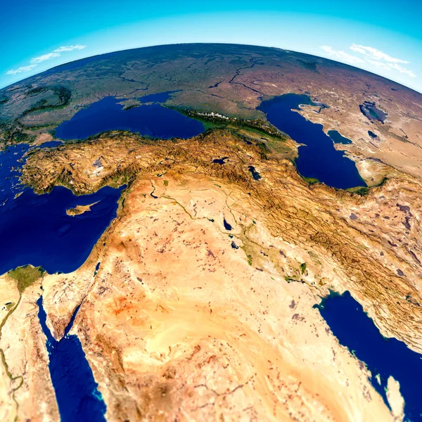 Map of the Arabian Peninsula, Middle East physical map, 3d render, reliefs and mountains. Mediterranean. Israel, Turkey, Syria, Iraq, Jordan, Egypt, Iran, Saudi Arabia. Satellite view. Elements of this image are furnished by Nasa — Stock Image Map Arabian Peninsula Middle East Physical Map Render Reliefs Mountains Stock Image