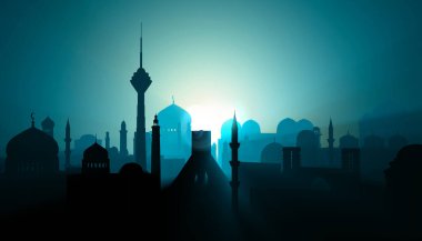 Tahran şehrinin silueti. Orta Doğu. Kuleler, dini anıtlar, kubbeli minareler. Gün doğumu ve gece manzarası. 3 boyutlu görüntüleme. Issız bir merkezdeki evlerin arasında ışıklar ve gölgeler