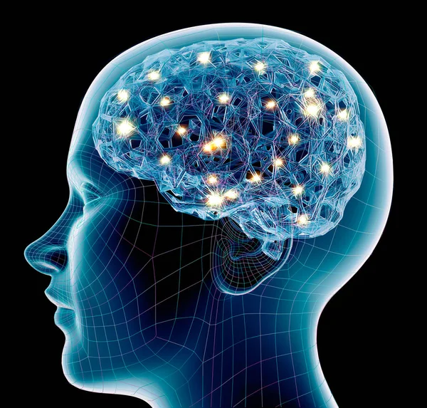 数字意识 大脑潜能 思想和创新 释放你的思想 突触和人工智能 云与全球化 3D渲染 人体解剖和大脑 — 图库照片