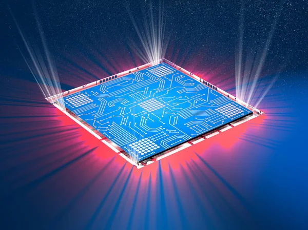 微晶片 功率和速度 介绍新的微晶片 计算机的处理器 印刷电路 量子计算机 人工智能 Cpu 3D渲染 — 图库照片