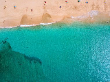 La Graciosa adasının sivri kıyılarının ve plajlarının havadan görünüşü. Las Conchas plajında yüzüyor. Ana takımada adası Chinijo, Lanzarote 'un bir mil kuzeybatısında. Kanarya adası. İspanya. Okyanus manzarası ve kumsal 