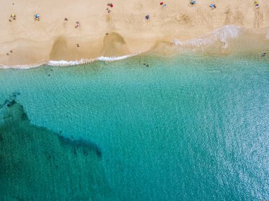 Aerial view of the jagged shores and beaches of La Graciosa island. Bathers on the beach of las Conchas. The main archipelago island Chinijo, a mile northwest of Lanzarote. Canary island. Spain. Ocean view and sand beach  clipart