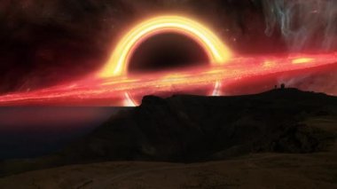 Gözlem noktası, bilim kurgu, yeni dünya dışı gezegenlere, ekstra güneş gezegenlerine ve yeni medeniyetlere bir bakış. Bilim kurgu. Astronomik gözlemevi, bir kara deliğin yerçekimi alanı. Siluet