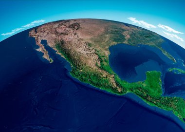 Orta Amerika haritası, uydu görüntüsü. Meksika ve Amerika Birleşik Devletleri, fiziksel harita. Nöbetçiler ve dağlar. Bu görüntünün elementleri Nasa tarafından döşenmiştir. 3d hazırlayıcı