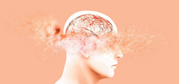 Memory lapses, forgetting things, degenerative disease. Brain problems. Parkinson and alzheimer desease. Mental health. Stroke, synapses and neurnons interaction. 3d render 