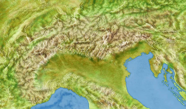 意大利高山拱门和意大利北部 卫星视图 半岛北部的空中景观 湖泊和平原 手绘实物地图 — 图库照片