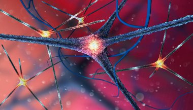 Microscopic view of the synapses. Brain connections. Neurons and synapses. Communication and cerebral stimulus. Neural network circuit, degenerative diseases, Parkinson, Alzheimer. 3d render clipart