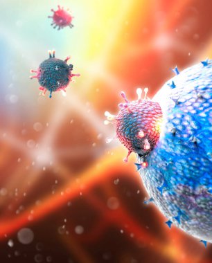 Coronavirus 'un mikroskobik görüntüsü, solunum yoluna saldıran bir patojen. Covid-19. Analiz ve test, 3D görüntüleme. Viral enfeksiyon. Virüsün insan vücudunda yayılması. Aşı