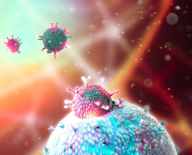 Coronavirus 'un mikroskobik görüntüsü, solunum yoluna saldıran bir patojen. Covid-19. Analiz ve test, 3D görüntüleme. Viral enfeksiyon. Virüsün insan vücudunda yayılması. Aşı