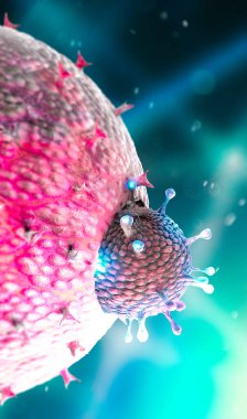 Coronavirus 'un mikroskobik görüntüsü, solunum yoluna saldıran bir patojen. Covid-19. Analiz ve test, 3D görüntüleme. Viral enfeksiyon. Virüsün insan vücudunda yayılması. Aşı